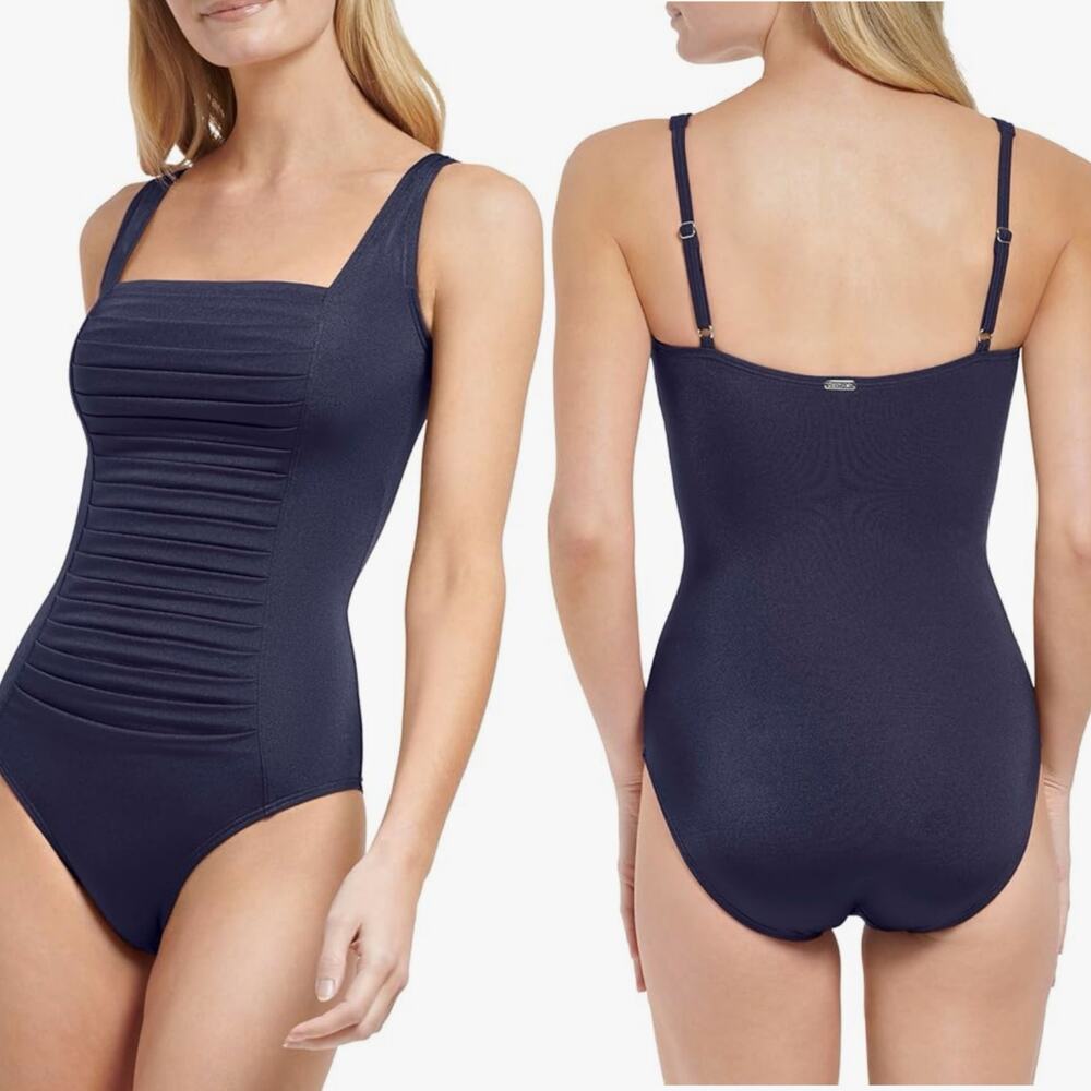 Calvin Klein Pleated Front One Piece Swimsuit Navy Blue Women 4 NWT